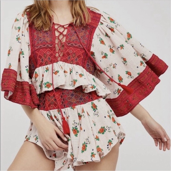 Free People Pants - Free People Red and Cream Embroidered Floral Boho Shorts Size Large Festival